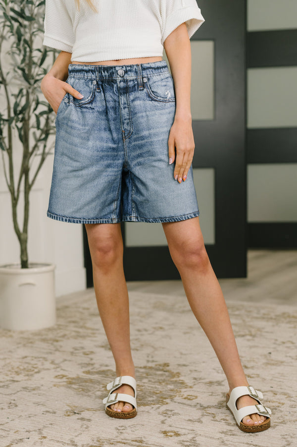 Zenim Printed High Waisted Shorts in Classic Denim-Womens-Villari Chic, women's online fashion boutique in Severna, Maryland
