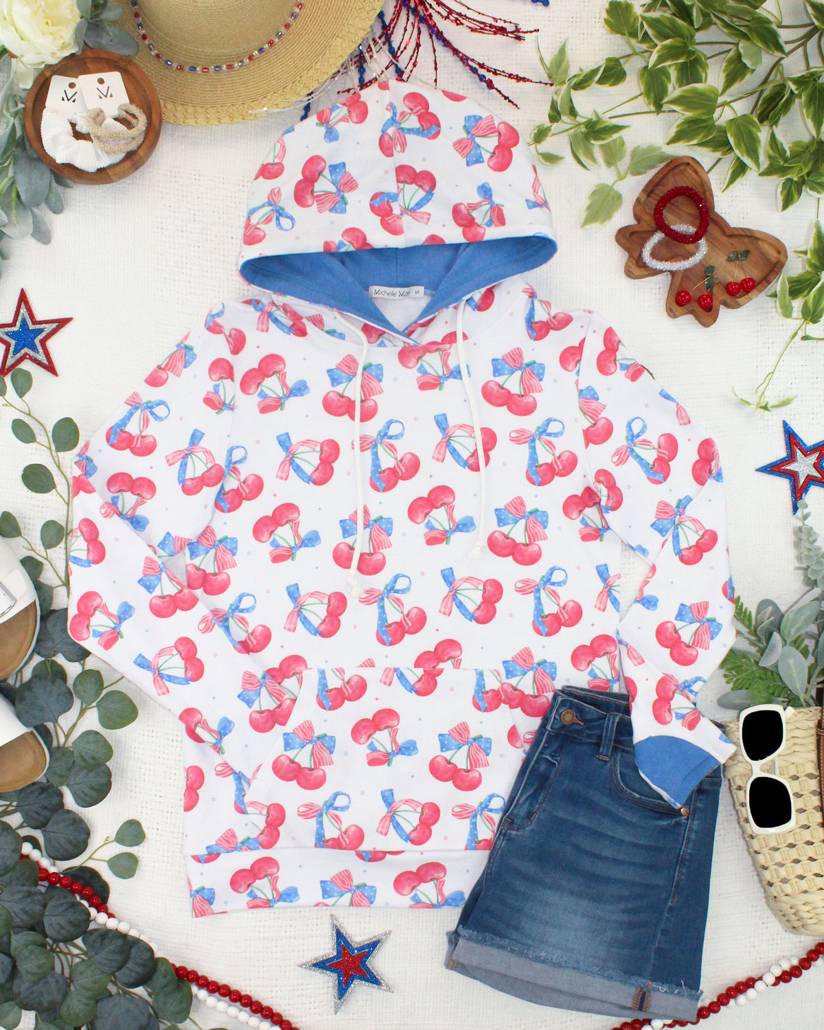 Hailey Pullover Hoodie - Patriotic Cherries-Hoodie-Villari Chic, women's online fashion boutique in Severna, Maryland