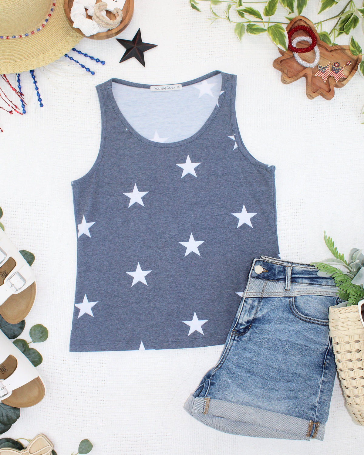 Faded Navy Stars Tank Crew Neck-tank-Villari Chic, women's online fashion boutique in Severna, Maryland