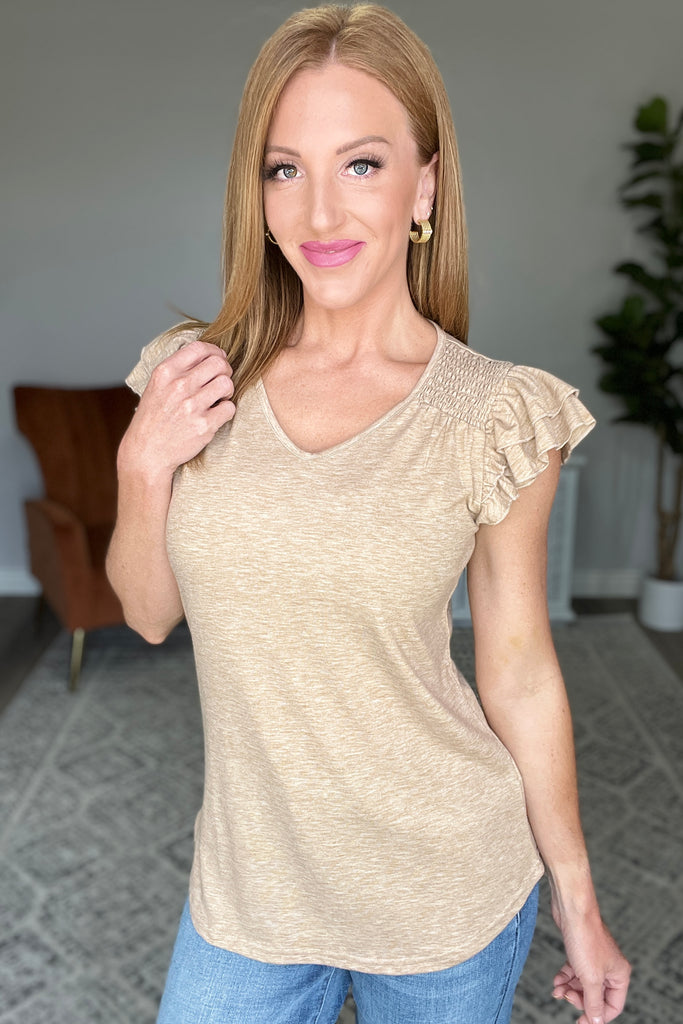 Maren V-Neck Ruffle Sleeve Top in Cappuccino-Womens-Villari Chic, women's online fashion boutique in Severna, Maryland