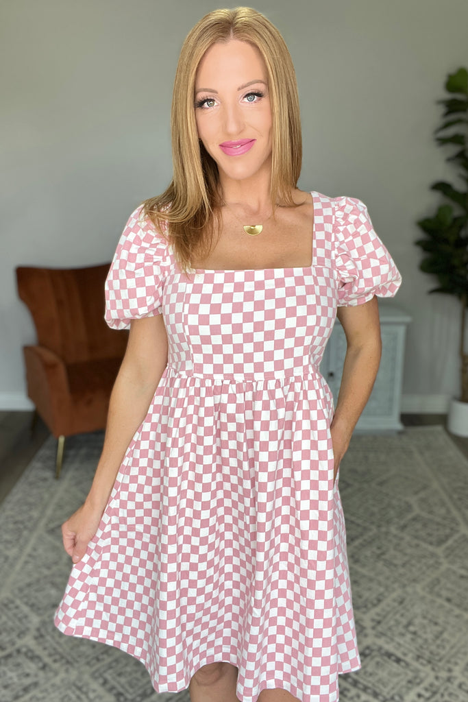 The Moment Checkered Babydoll Dress in Baby Pink-Womens-Villari Chic, women's online fashion boutique in Severna, Maryland