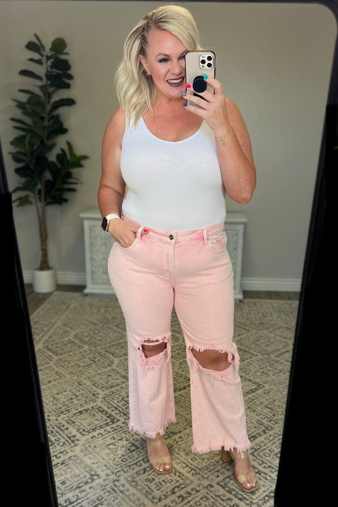 Babs Distressed Straight Leg Jeans in Pink by Risen-Womens-Villari Chic, women's online fashion boutique in Severna, Maryland