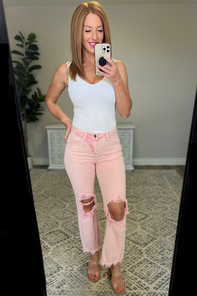 Babs Distressed Straight Leg Jeans in Pink by Risen-Womens-Villari Chic, women's online fashion boutique in Severna, Maryland