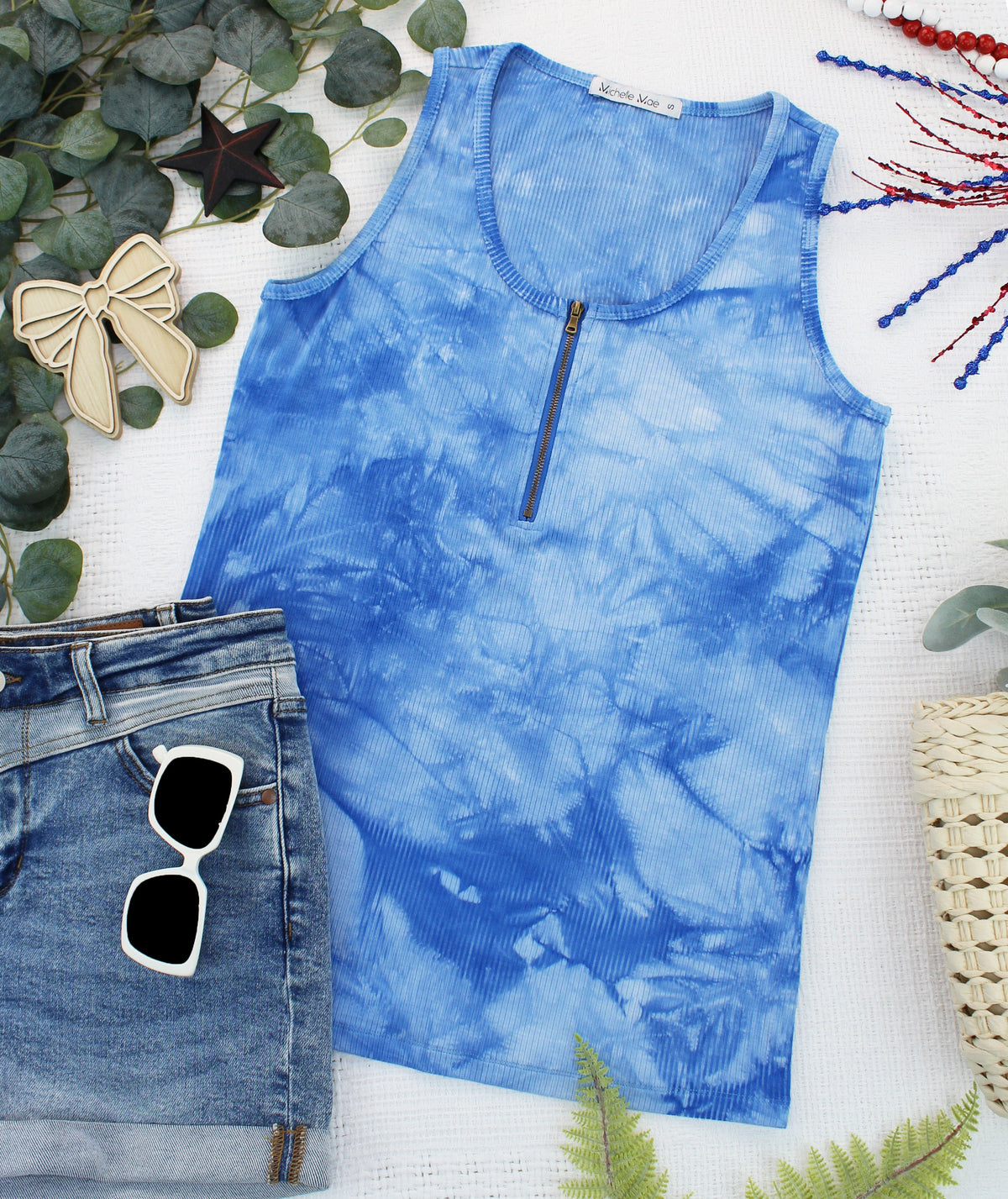 Mila Zipper Tank - Blue Tie Dye-clothing-Villari Chic, women's online fashion boutique in Severna, Maryland