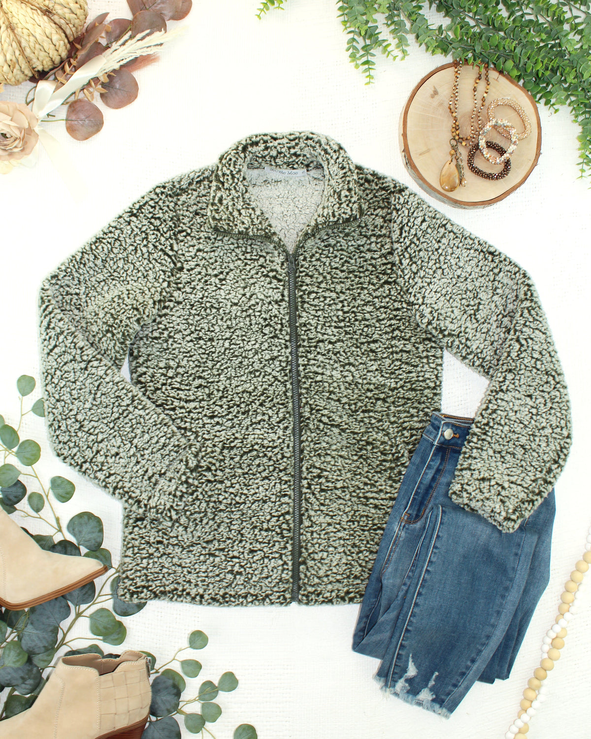 Two Tone Fullzip Sherpa - Olive and White-outerwear-Villari Chic, women's online fashion boutique in Severna, Maryland