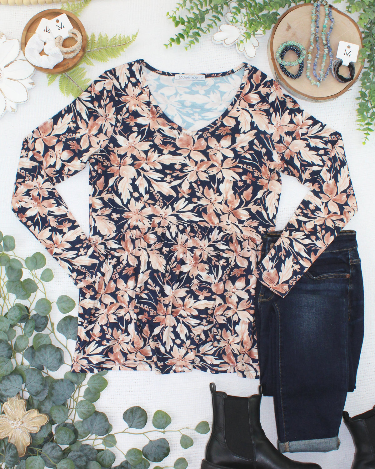 Long Sleeve Sarah Ruffle Top - Navy Autumn Petals-Tops-Villari Chic, women's online fashion boutique in Severna, Maryland