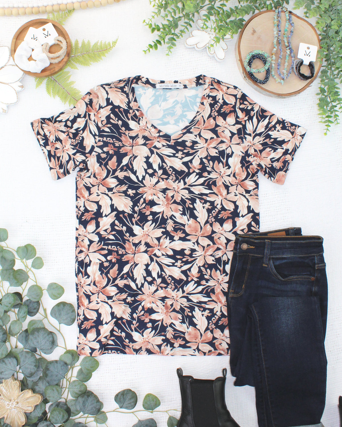 Sophie Top - Navy Autumn Petals-Shirts-Villari Chic, women's online fashion boutique in Severna, Maryland