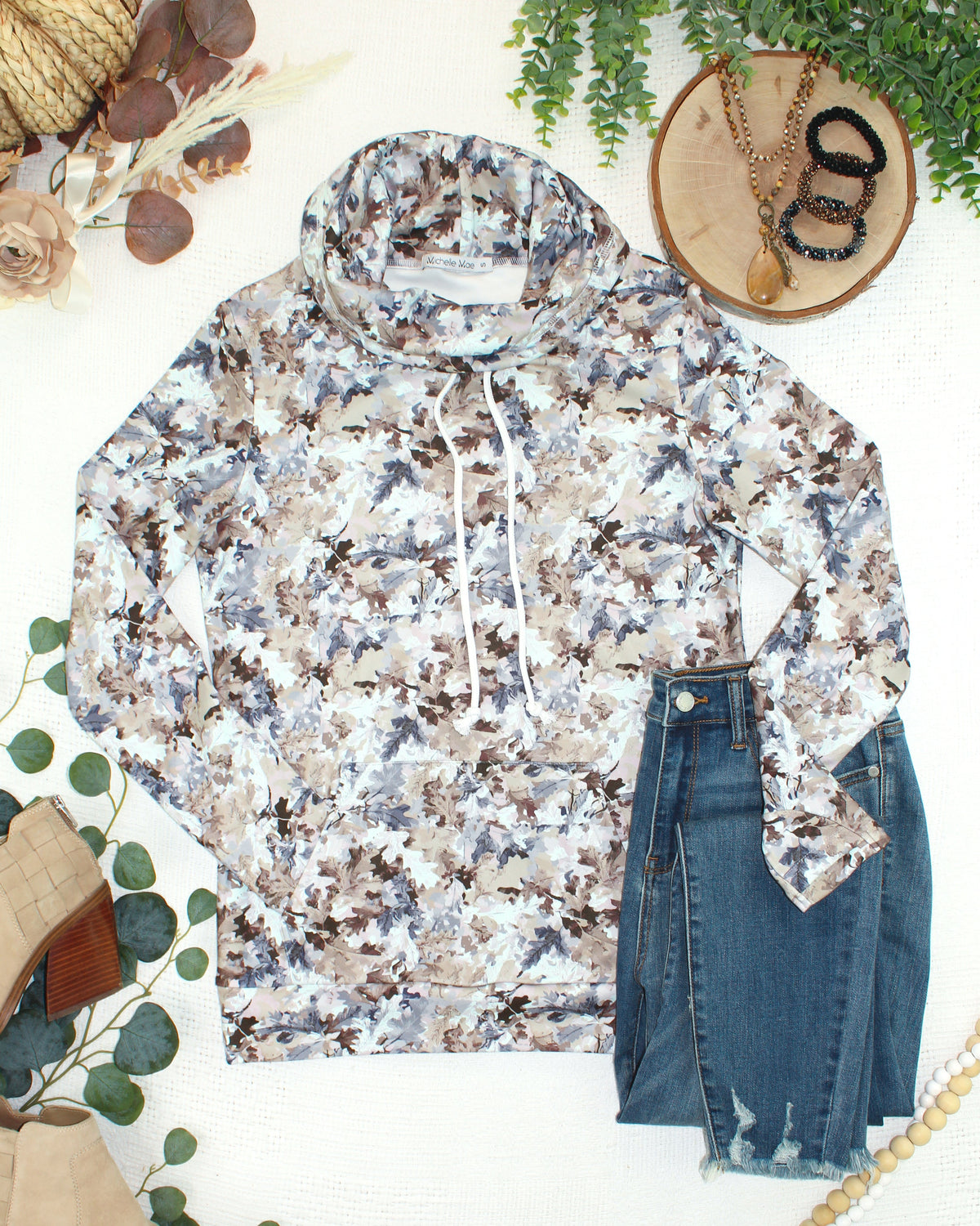 Soft Funnel Neck - Neutral Leaves-clothing-Villari Chic, women's online fashion boutique in Severna, Maryland