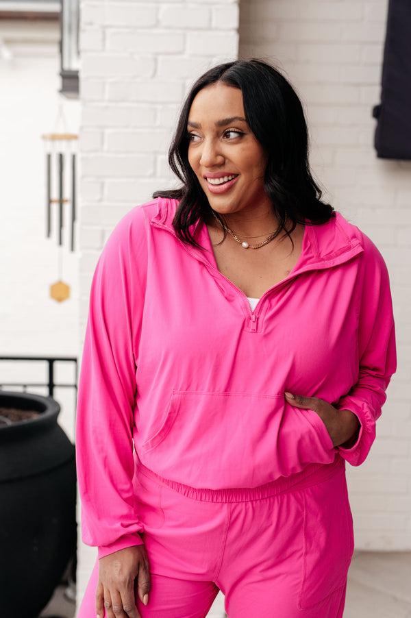 Morning Run Half Zip Hoodie in Sonic Pink-Athleisure-Villari Chic, women's online fashion boutique in Severna, Maryland