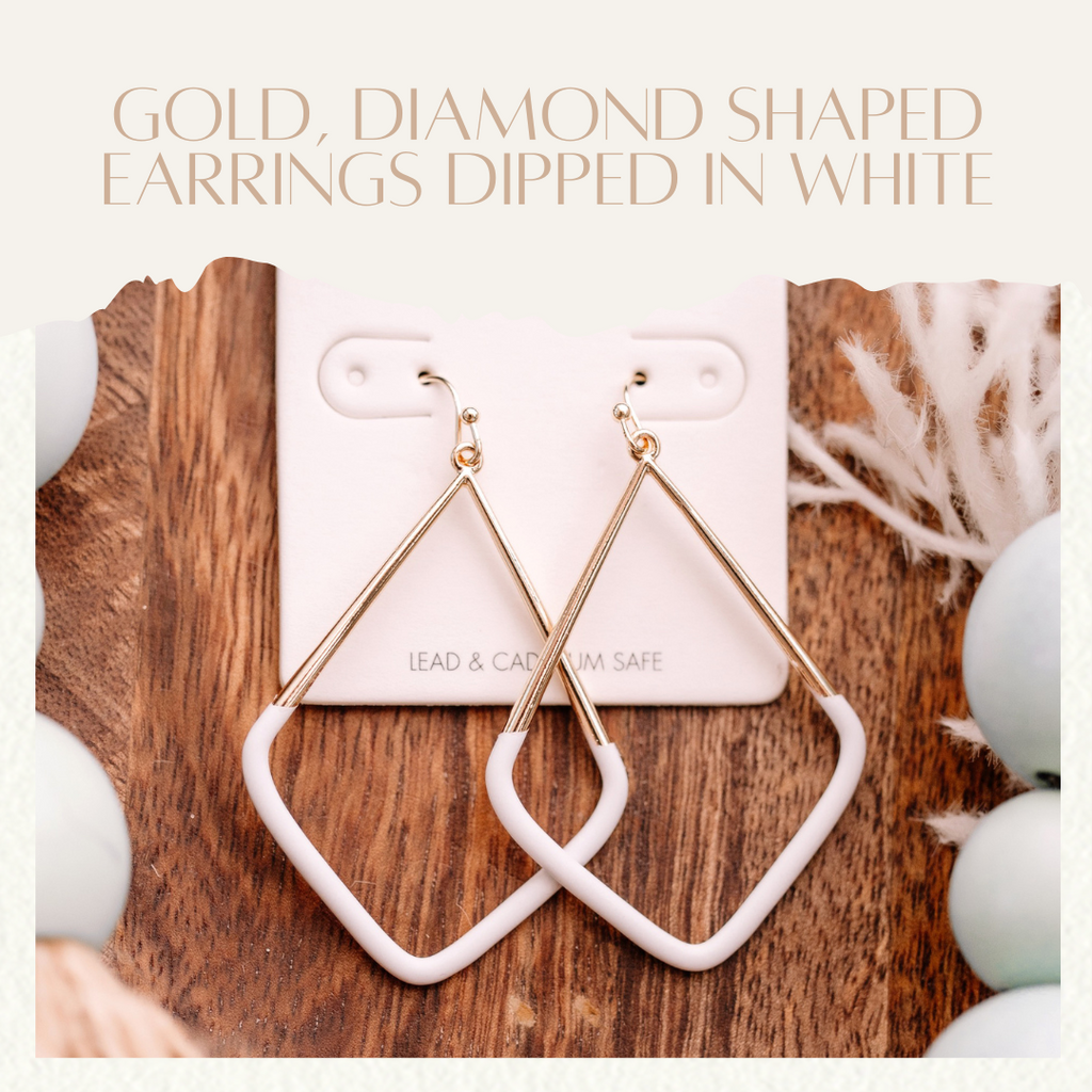 Gold, Diamond Shaped Earrings Dipped In White-Villari Chic, women's online fashion boutique in Severna, Maryland