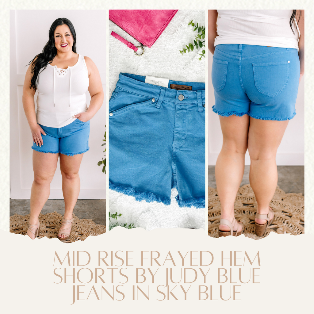 Judy Blue Mid-Rise Frayed Hem Shorts in Sky Blue-Villari Chic, women's online fashion boutique in Severna, Maryland