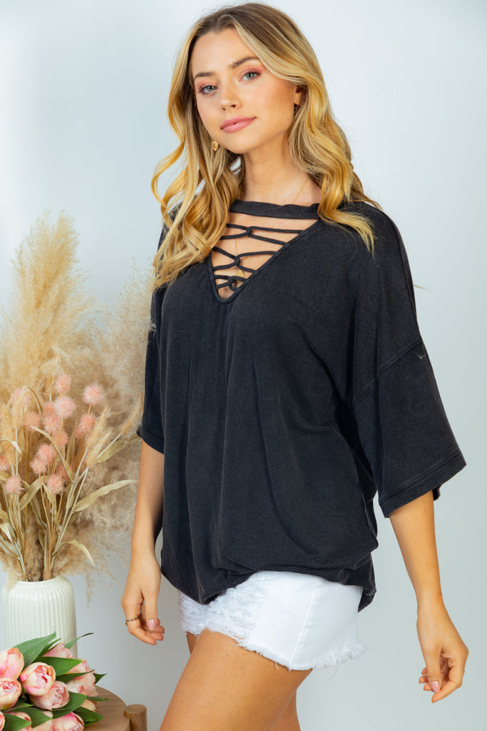 Super Soft Sweatshirt Top with Criss-Cross Neck Detail in Washed Black-Villari Chic, women's online fashion boutique in Severna, Maryland