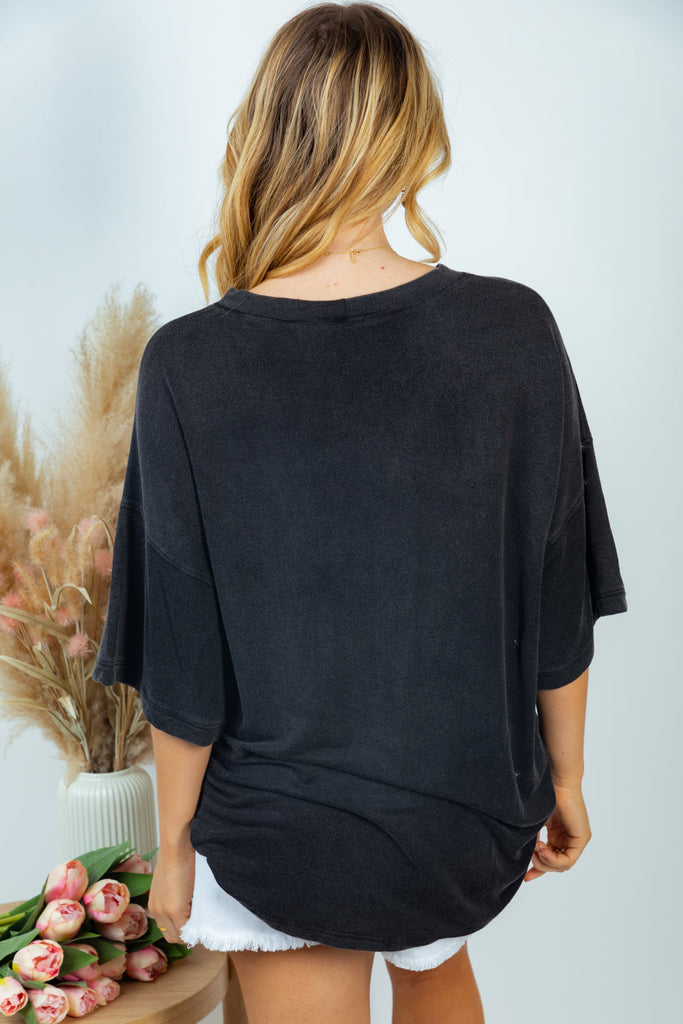 Super Soft Sweatshirt Top with Criss-Cross Neck Detail in Washed Black-Villari Chic, women's online fashion boutique in Severna, Maryland
