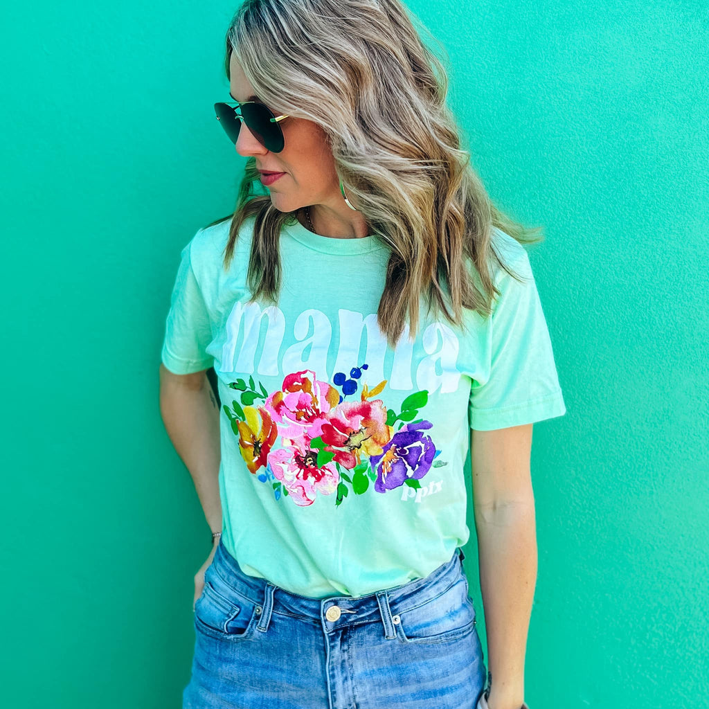 Mama Watercolor Floral Graphic Tee in Mint - Size XL Available-Villari Chic, women's online fashion boutique in Severna, Maryland