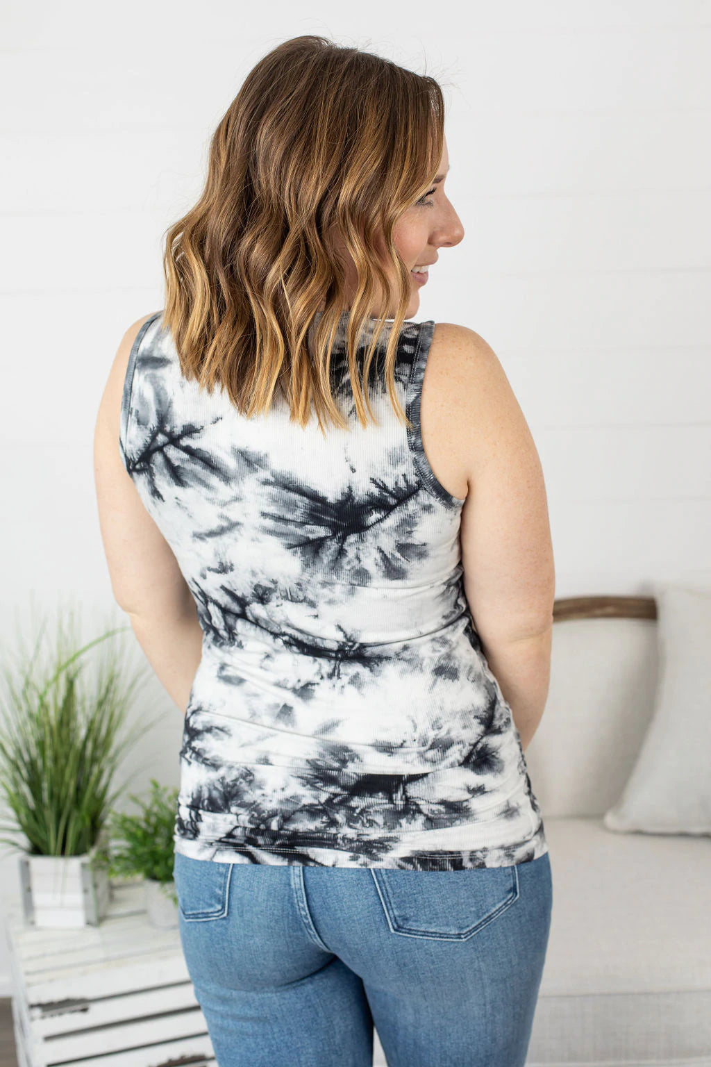 Addison Henley Tank in Black & White Tie-Dye-Villari Chic, women's online fashion boutique in Severna, Maryland