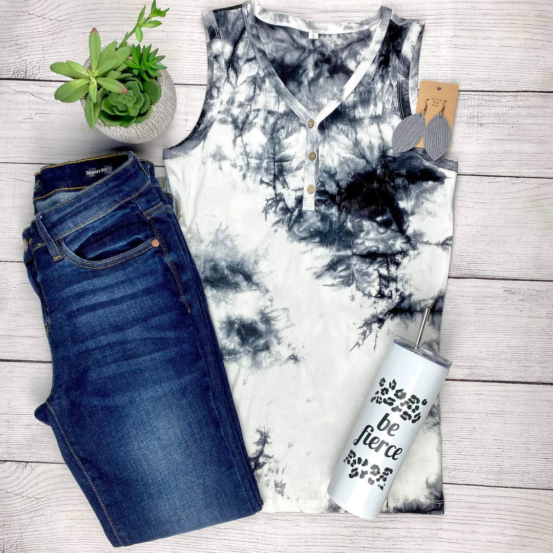 Addison Henley Tank in Black & White Tie-Dye-Villari Chic, women's online fashion boutique in Severna, Maryland