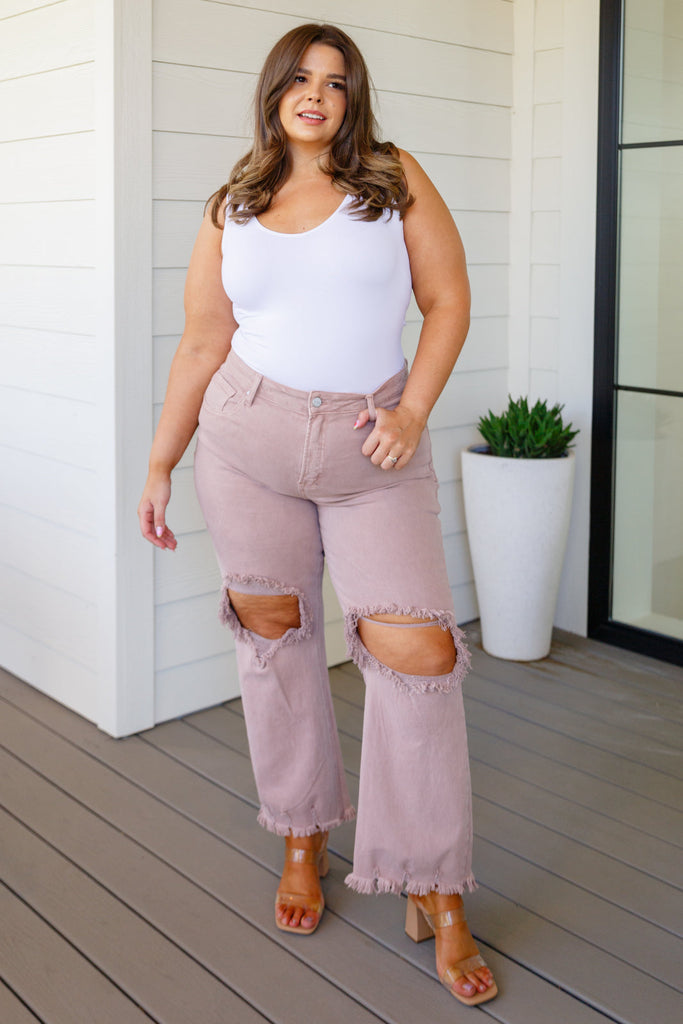 Babs Distressed Straight Leg Jeans in Mauve by Risen-Womens-Villari Chic, women's online fashion boutique in Severna, Maryland