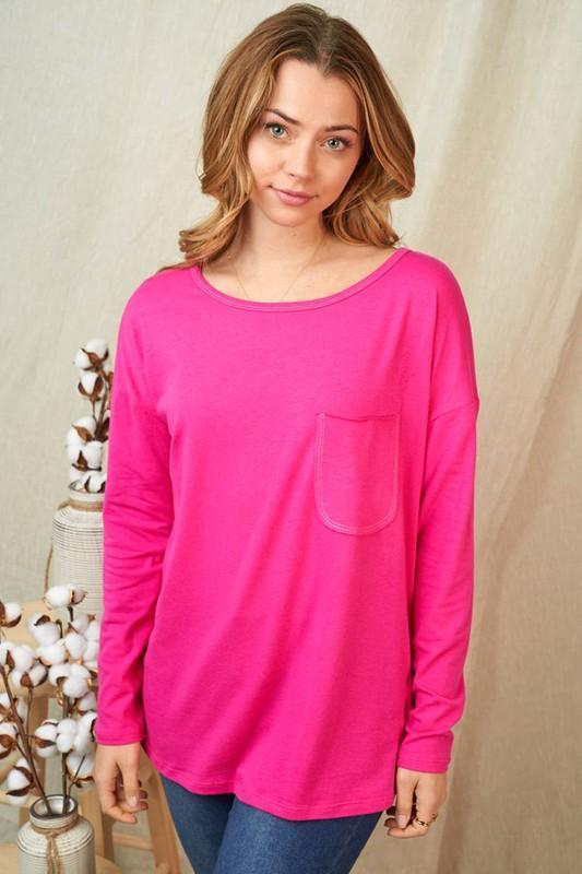 Basic Long-Sleeved Pocket Tee in Hot Pink - Regular Sizes Only-Villari Chic, women's online fashion boutique in Severna, Maryland