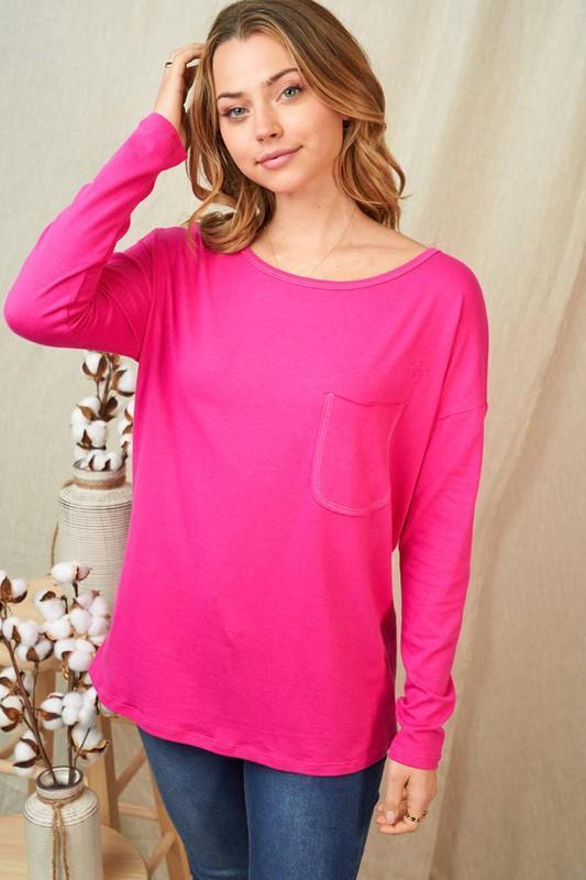 Basic Long-Sleeved Pocket Tee in Hot Pink - Regular Sizes Only-Villari Chic, women's online fashion boutique in Severna, Maryland