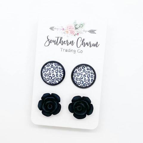 Black Roses & Silver Leopard Stud Earrings Duo-Villari Chic, women's online fashion boutique in Severna, Maryland