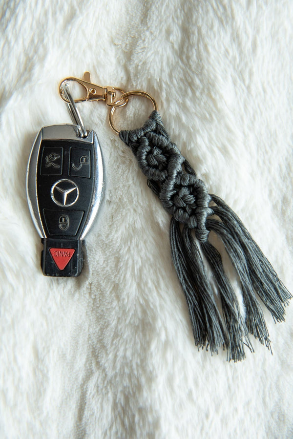 Boho Macramé Keychain in Charcoal-Villari Chic, women's online fashion boutique in Severna, Maryland