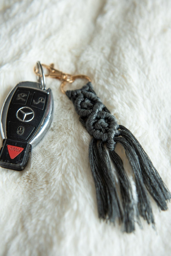 Boho Macramé Keychain in Charcoal-Villari Chic, women's online fashion boutique in Severna, Maryland