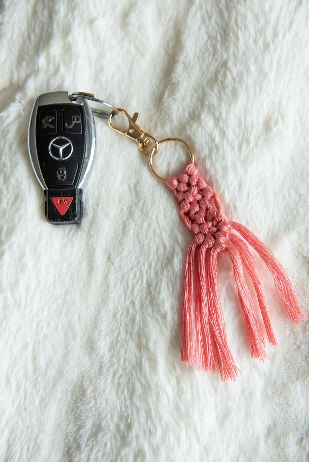 Boho Macramé Keychain in Pink-Villari Chic, women's online fashion boutique in Severna, Maryland