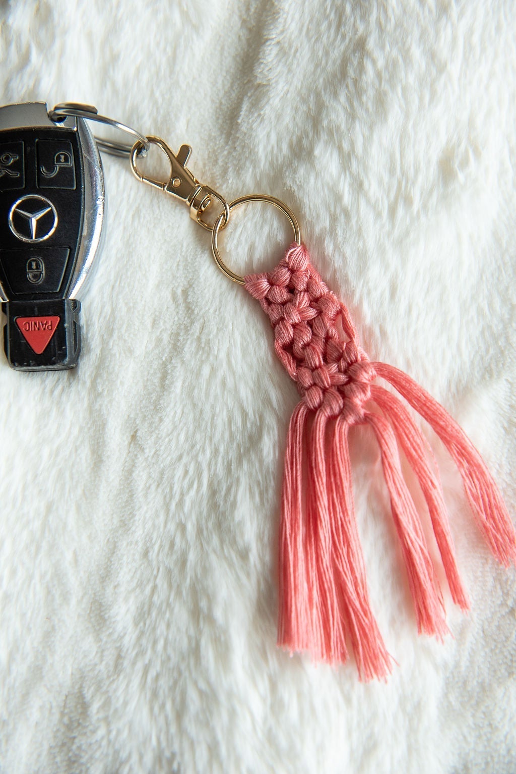 Boho Macramé Keychain in Pink-Villari Chic, women's online fashion boutique in Severna, Maryland