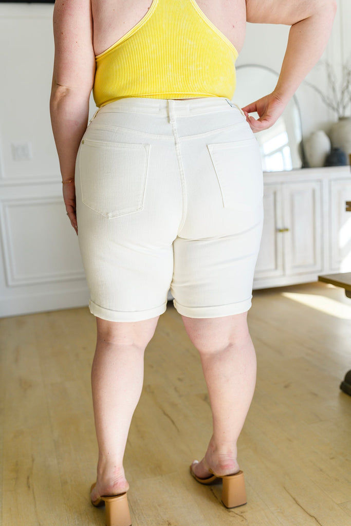 Judy Blue Mid-Rise Denim Bermuda Shorts in White-Womens-Villari Chic, women's online fashion boutique in Severna, Maryland