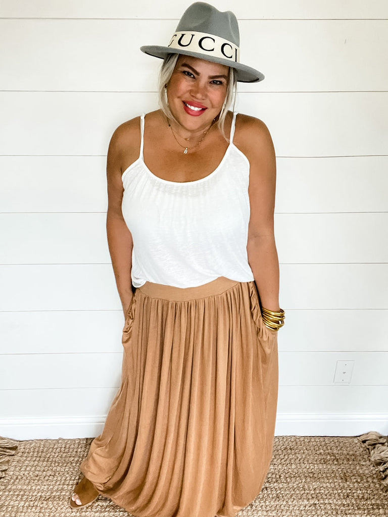 Brenna Pleated Skirt in Camel-Villari Chic, women's online fashion boutique in Severna, Maryland