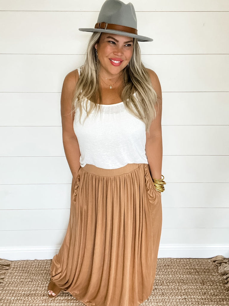 Brenna Pleated Skirt in Camel-Villari Chic, women's online fashion boutique in Severna, Maryland