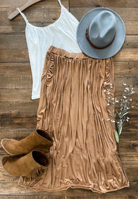 Brenna Pleated Skirt in Camel-Villari Chic, women's online fashion boutique in Severna, Maryland