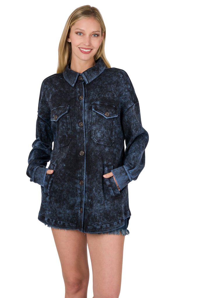 Mineral Washed Shacket in Navy-Villari Chic, women's online fashion boutique in Severna, Maryland