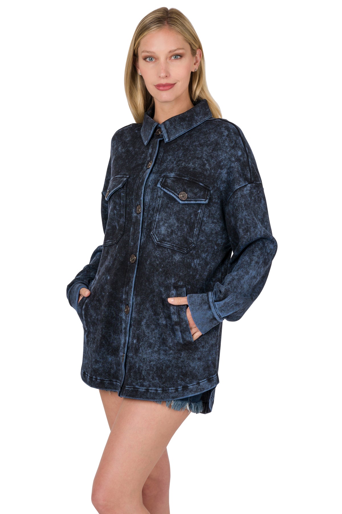 Mineral Washed Shacket in Navy-Villari Chic, women's online fashion boutique in Severna, Maryland