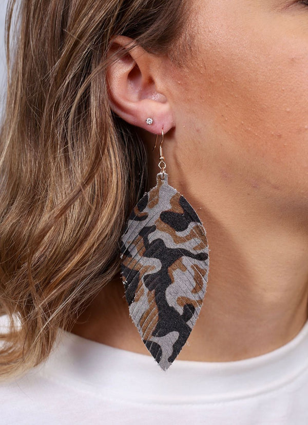 Camo Genuine Leather Feather Drop Earrings-Villari Chic, women's online fashion boutique in Severna, Maryland