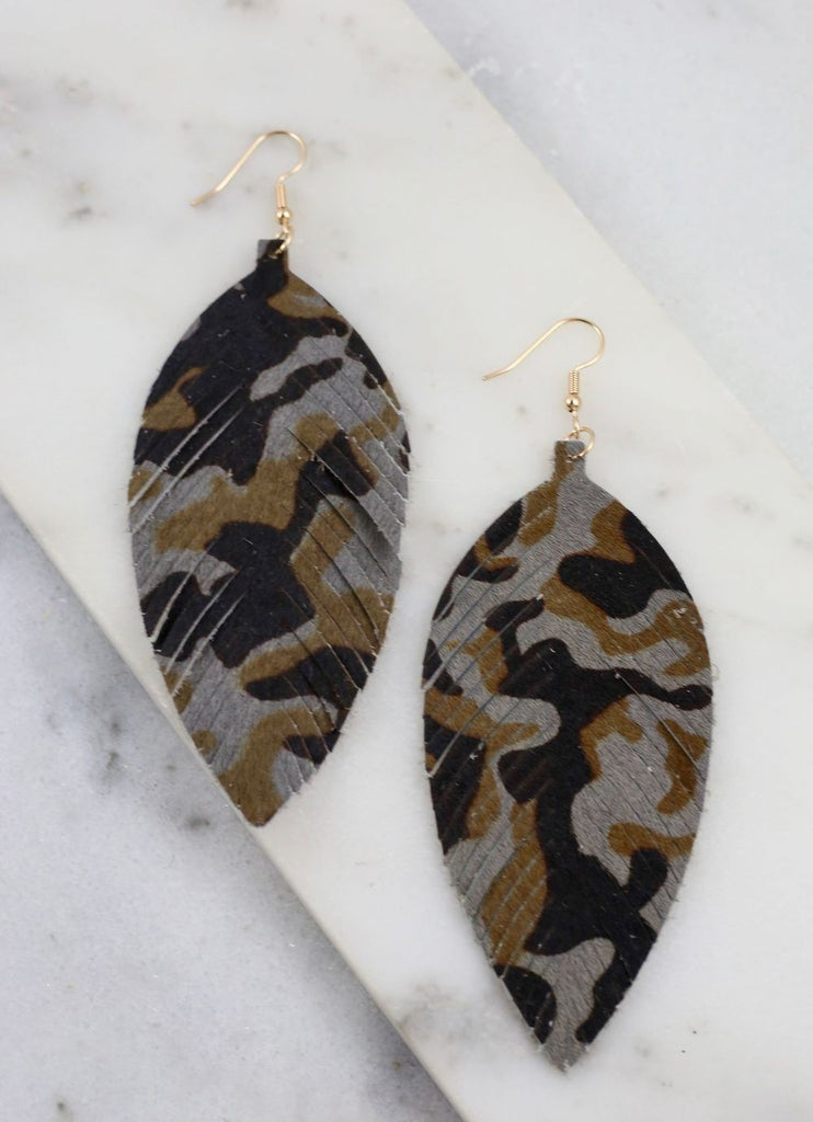 Camo Genuine Leather Feather Drop Earrings-Villari Chic, women's online fashion boutique in Severna, Maryland