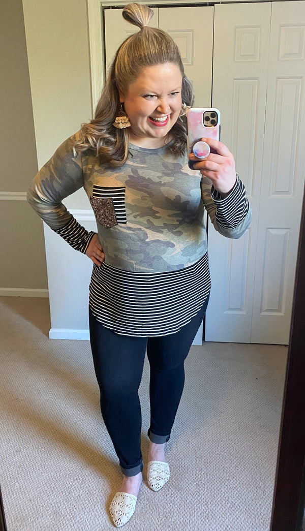 Camo & Stripes Sequin Pocket Top-Villari Chic, women's online fashion boutique in Severna, Maryland