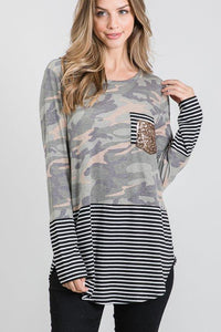 Camo & Stripes Sequin Pocket Top-Villari Chic, women's online fashion boutique in Severna, Maryland