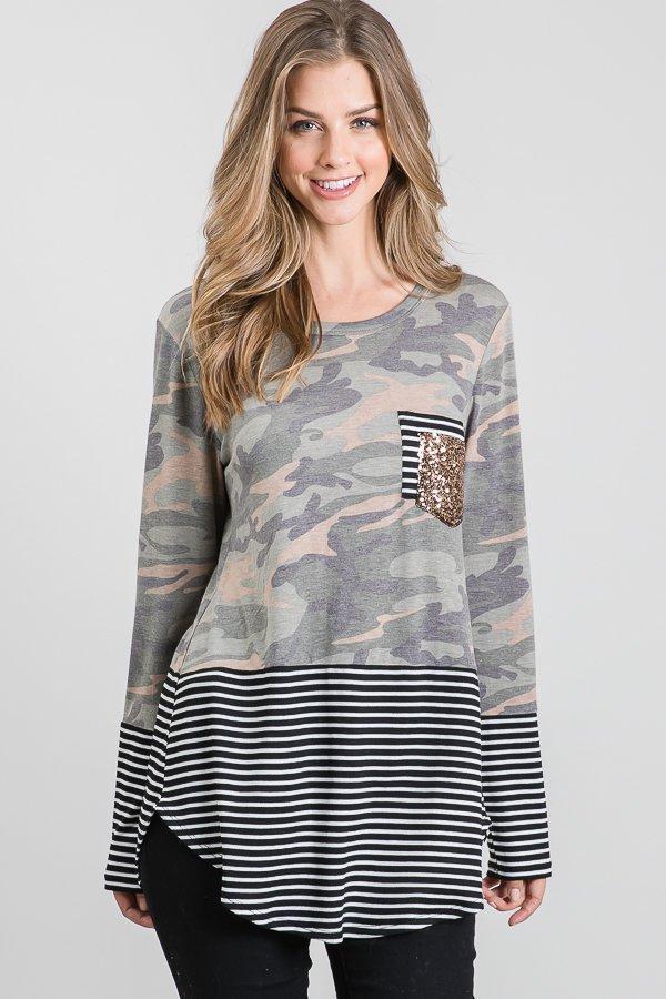 Camo & Stripes Sequin Pocket Top-Villari Chic, women's online fashion boutique in Severna, Maryland