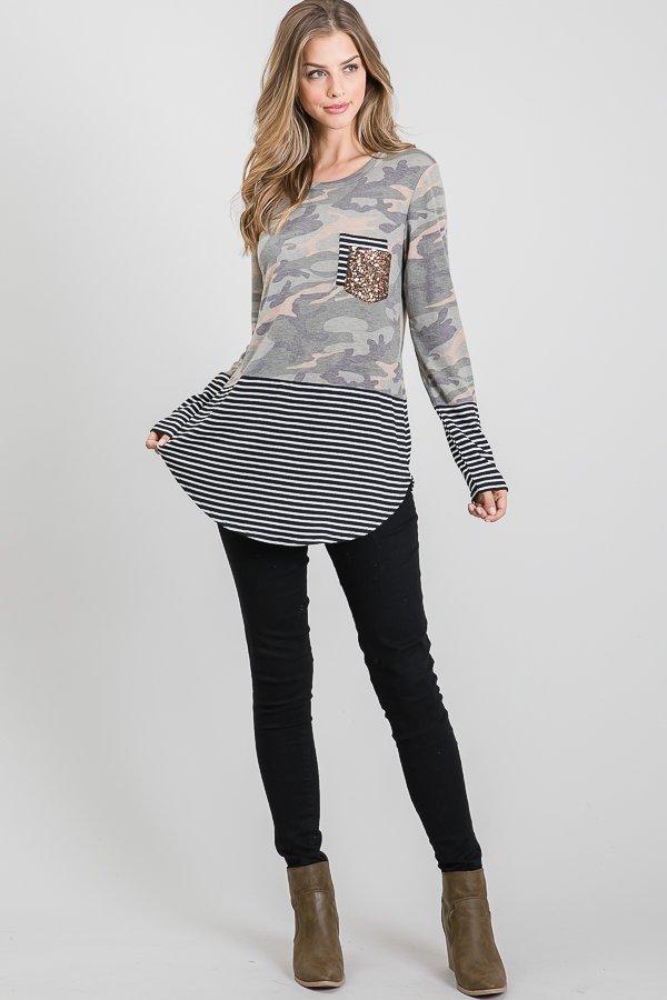 Camo & Stripes Sequin Pocket Top-Villari Chic, women's online fashion boutique in Severna, Maryland