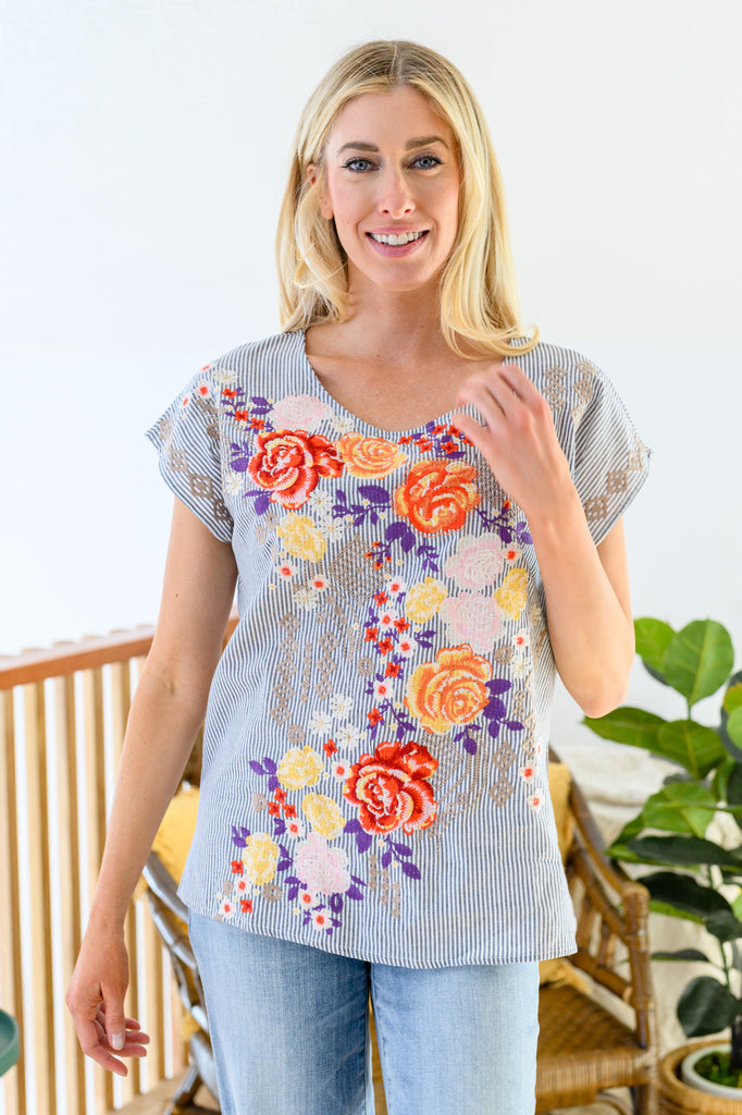 Canopy of Crushes Embroidered Striped Floral Top-Womens-Villari Chic, women's online fashion boutique in Severna, Maryland