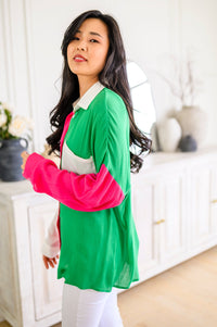 Capture the Day Lightweight Color Block Button-Up Top in Kelly Green, Hot Pink & White-Womens-Villari Chic, women's online fashion boutique in Severna, Maryland