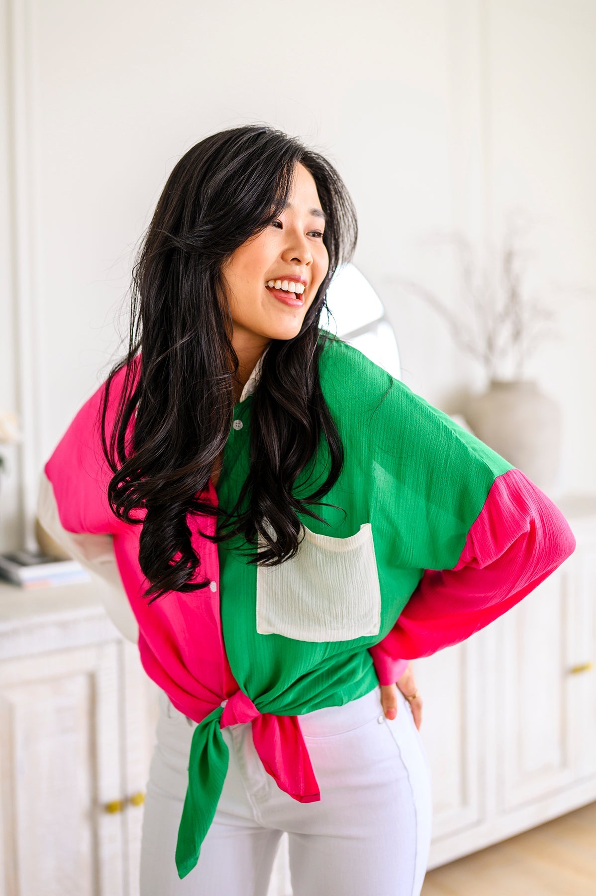 Capture the Day Lightweight Color Block Button-Up Top in Kelly Green, Hot Pink & White-Womens-Villari Chic, women's online fashion boutique in Severna, Maryland