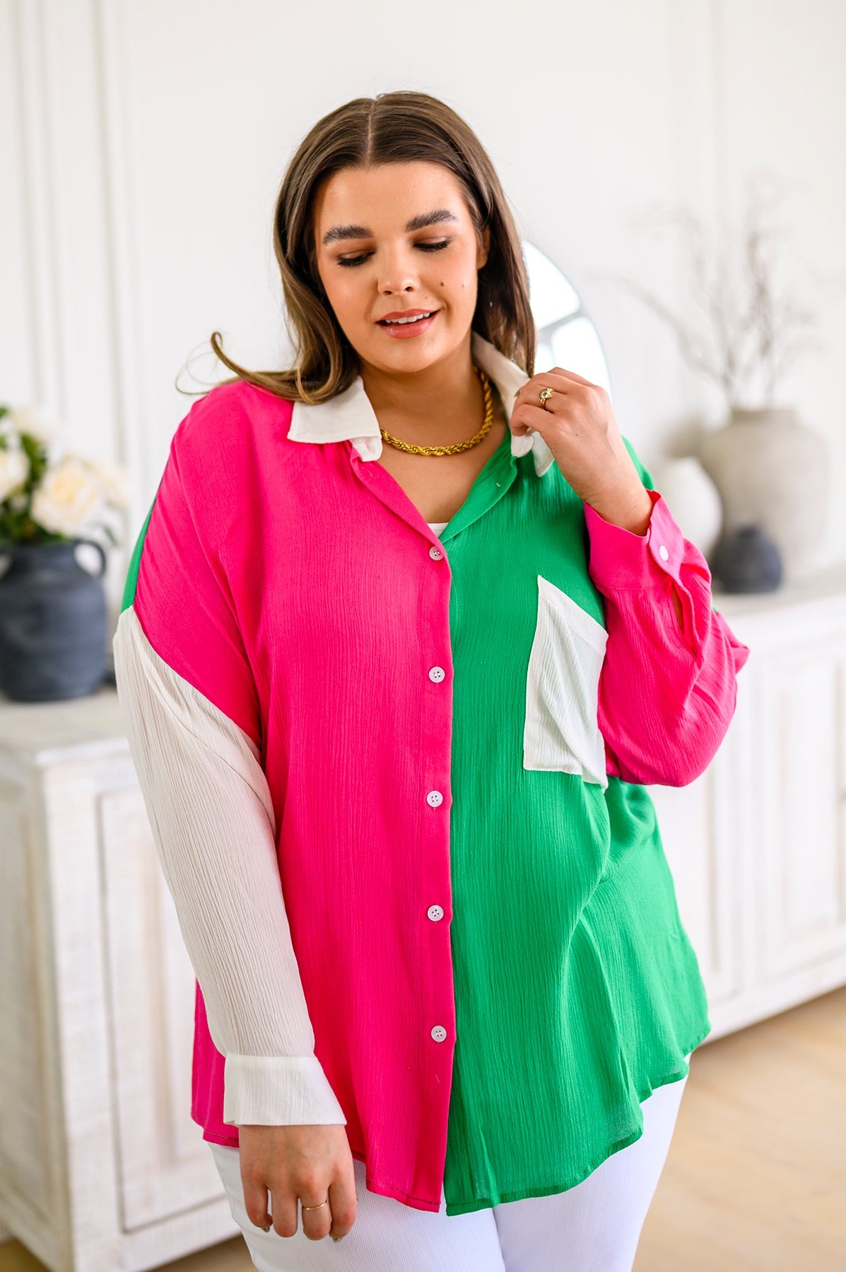 Capture the Day Lightweight Color Block Button-Up Top in Kelly Green, Hot Pink & White-Womens-Villari Chic, women's online fashion boutique in Severna, Maryland