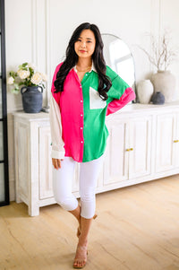 Capture the Day Lightweight Color Block Button-Up Top in Kelly Green, Hot Pink & White-Womens-Villari Chic, women's online fashion boutique in Severna, Maryland