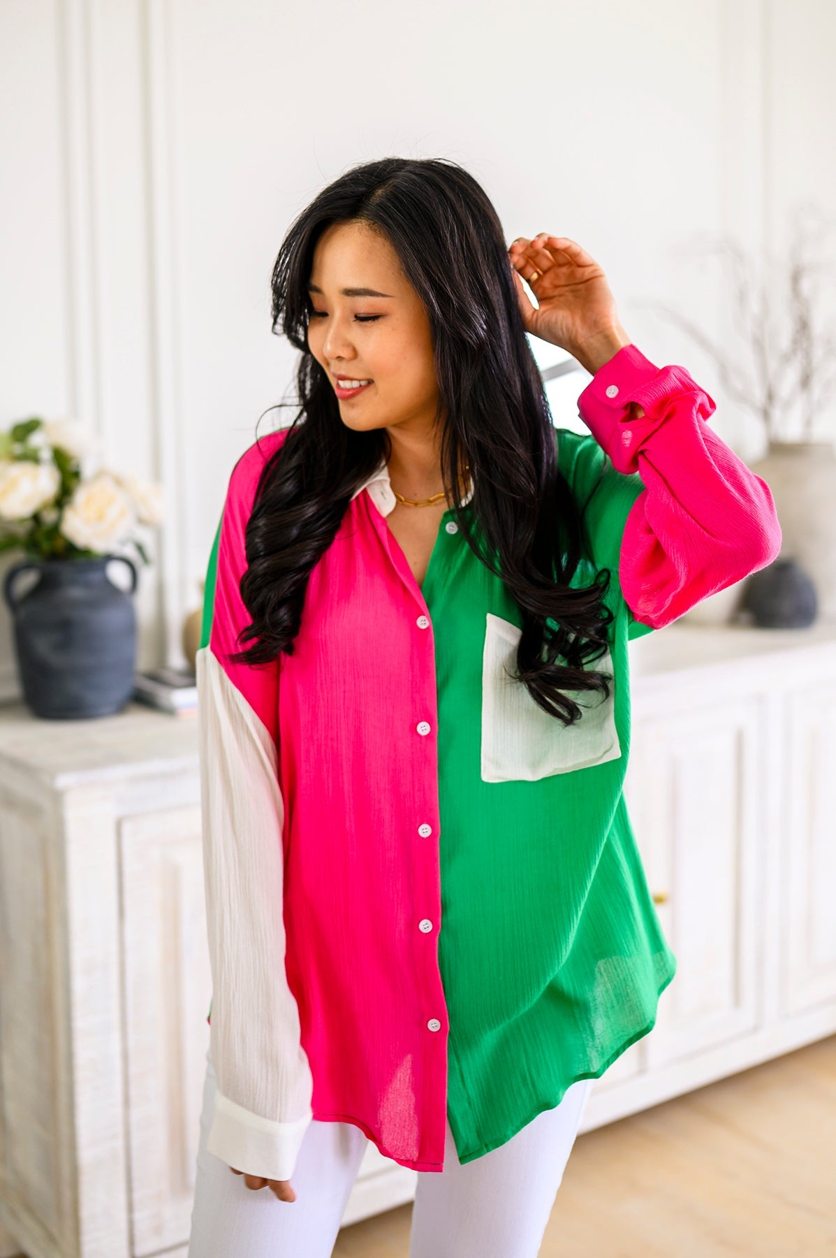 Capture the Day Lightweight Color Block Button-Up Top in Kelly Green, Hot Pink & White-Womens-Villari Chic, women's online fashion boutique in Severna, Maryland