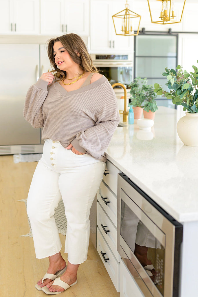 Caught a Vibe V-Neck Waffle Knit Top in Mocha-Womens-Villari Chic, women's online fashion boutique in Severna, Maryland