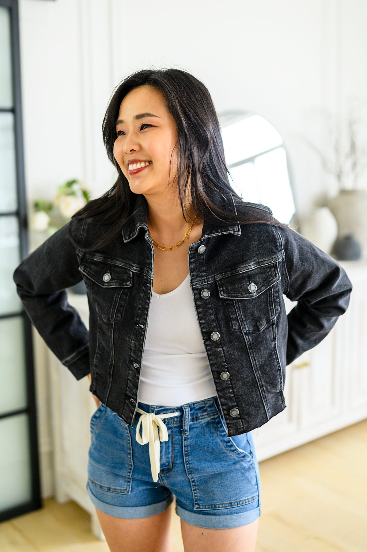 Charlie Cropped Denim Jacket in Washed Black by Judy Blue-Womens-Villari Chic, women's online fashion boutique in Severna, Maryland