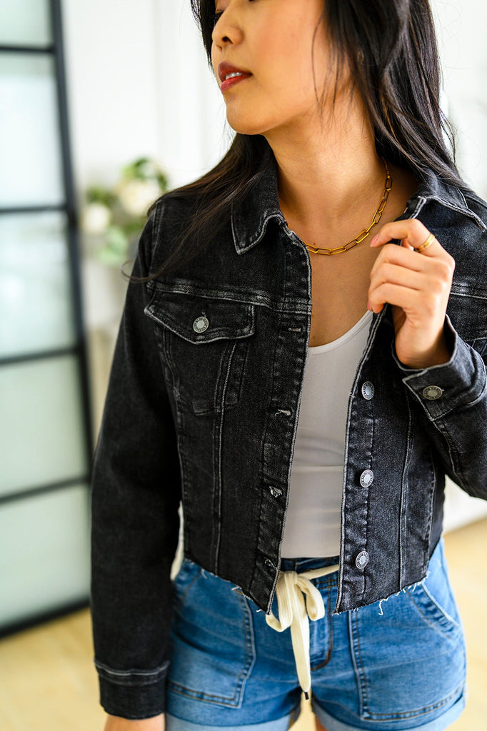 Charlie Cropped Denim Jacket in Washed Black by Judy Blue-Womens-Villari Chic, women's online fashion boutique in Severna, Maryland