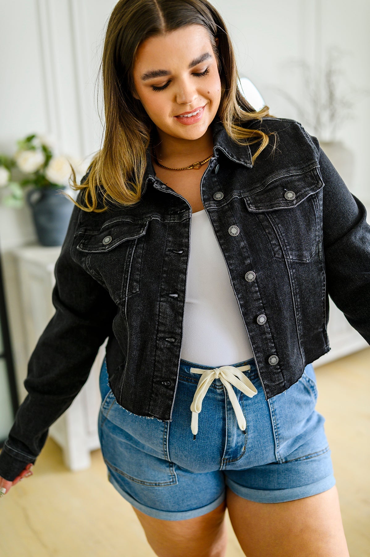 Charlie Cropped Denim Jacket in Washed Black by Judy Blue-Womens-Villari Chic, women's online fashion boutique in Severna, Maryland